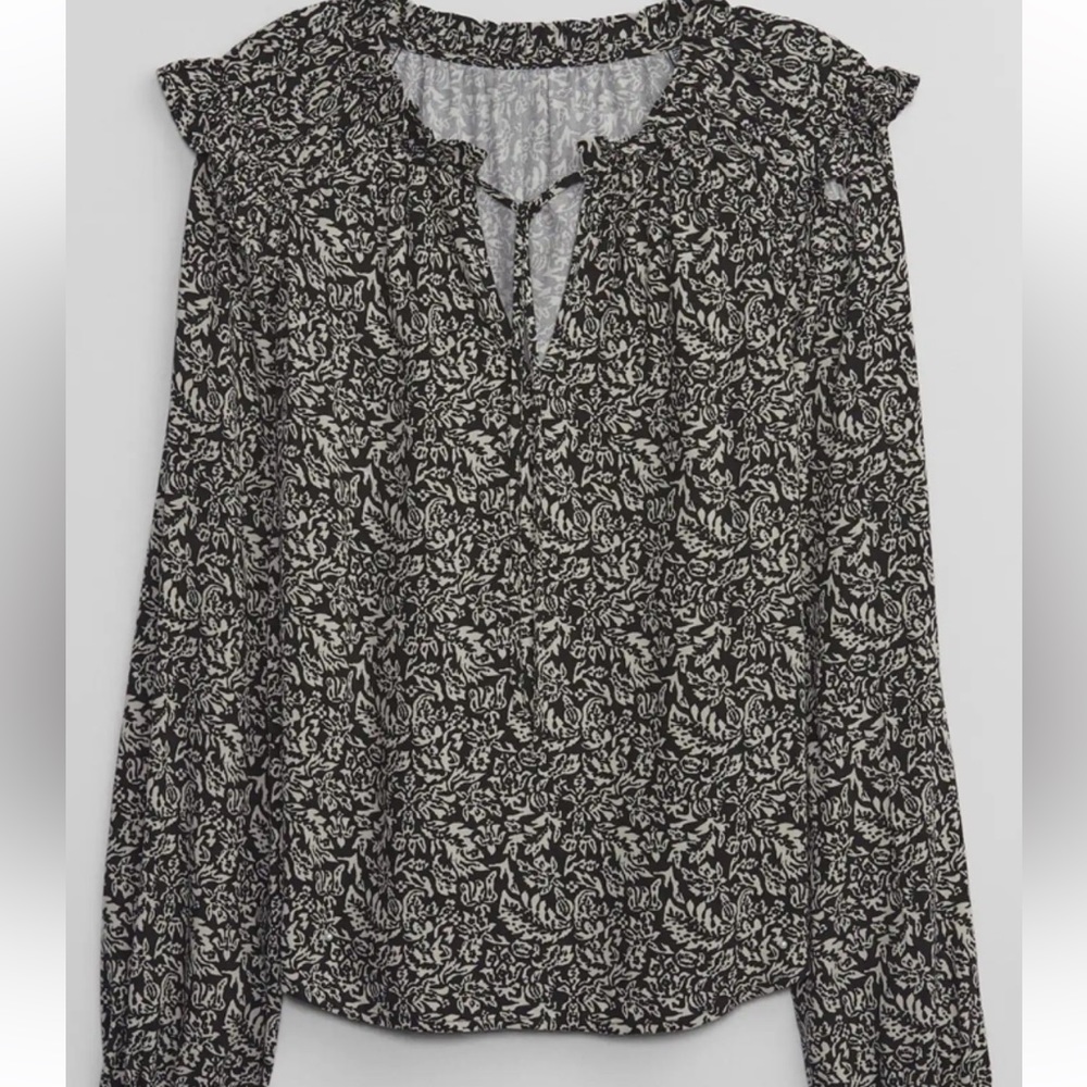 Gap print ruffle split neck top black white paisley floral boho blouse xs